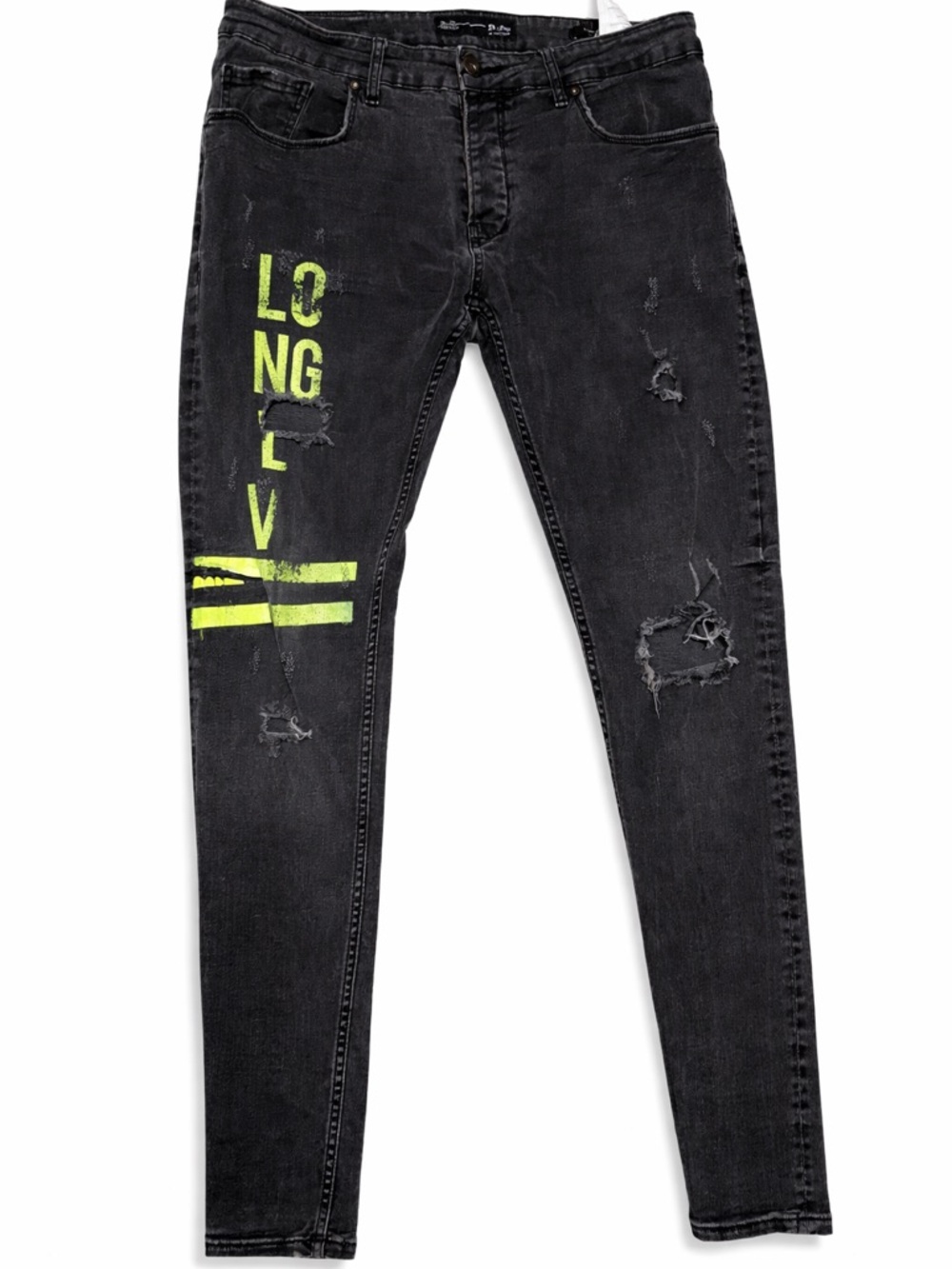 Slim Straight Black Jeans with Neon Green Graphic